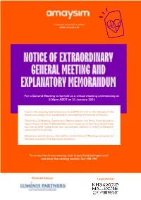 For a General Meeting to Be Held As a Virtual Meeting Commencing at 3.00Pm AEDT on 21 January 2021