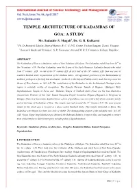 TEMPLE ARCHITECTURE of KADAMBAS of GOA: a STUDY Mr
