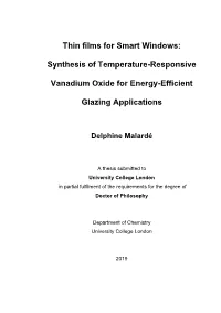 Thin Films for Smart Windows: Synthesis of Temperature-Responsive Vanadium Oxide for Energy-Efficient Glazing Applications