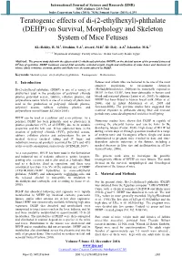 Phthalate (DEHP) on Survival, Morphology and Skeleton System of Mice Fetuses