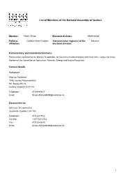 List of Members of the National Assembly of Québec