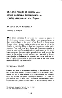 The End Results of Health Care: Ernest Codman’S Contribution to Quality Assessment and Beyond