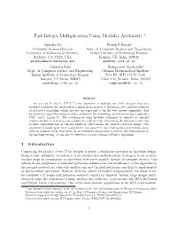 Fast Integer Multiplication Using Modular Arithmetic ∗