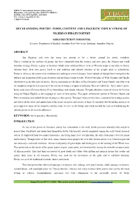 Decolonizing Poetry: Form, Content and Linguistic Implications of Nigerian Pidgin Poetry