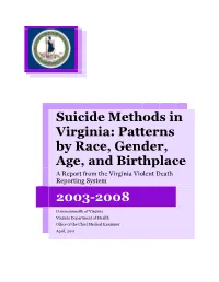 Suicide Methods in Virginia: Patterns by Race, Gender, Age, and Birthplace a Report from the Virginia Violent Death Reporting System
