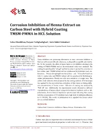 Corrosion Inhibition of Henna Extract on Carbon Steel with Hybrid Coating TMSM-PMMA in HCL Solution