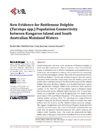 New Evidence for Bottlenose Dolphin (Tursiops Spp.) Population Connectivity Between Kangaroo Island and South Australian Mainland Waters