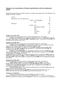 Changes in the Classification of Estonian Administrative Units and Settlements (EHAK)