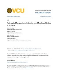 An Analytical Perspective on Determination of Free Base Nicotine in E-Liquids