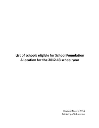 List of Schools Eligible for School Foundation Allocation for the 2012‐13 School Year