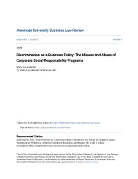 Discrimination As a Business Policy: the Misuse and Abuse of Corporate Social Responsibility Programs