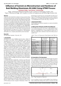 Influence of Current on Microstructure and Hardness of Butt Welding Aluminium AA 6082 Using GTAW Process 1Gurjinder Singh, 2Sunil Kumar, 3Amrik Singh 1Dept