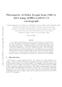 Photometry of Delta Scorpii from 1996 to 2013 Using SOHO LASCO C3 Coronograph