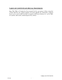 Table of Contents of Special Provisions