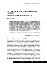Alan Dundes As Pioneering Paremiologist