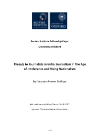Threats to Journalists in India: Journalism in the Age of Intolerance and Rising Nationalism