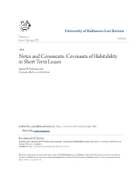 Notes and Comments: Covenants of Habitability in Short Term Leases Samuel B