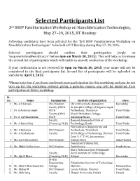 Selected Participants List 3Rd INUP Familiarization Workshop on Nanofabrication Technologies, May 27–29, 2015, IIT Bombay