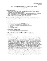 Class Character Notes for Arthur Miller's the Crucible