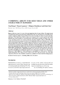 Combining Ability for Seed Yield and Other Characters in Rapeseed