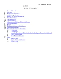 CG Mattacola, Phd, ATC 4/1/2020 TABLE of CONTENTS I