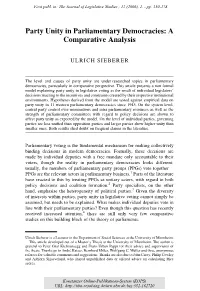 Party Unity in Parliamentary Democracies : a Comparative