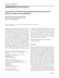 Association of TNFAIP3 Polymorphism with Rheumatic Heart Disease in Chinese Han Population