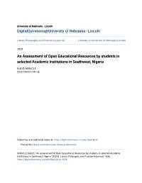 An Assessment of Open Educational Resources by Students in Selected Academic Institutions in Southwest, Nigeria