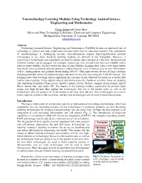 Nanotechnology Learning Modules Using Technology Assisted Science, Engineering and Mathematics