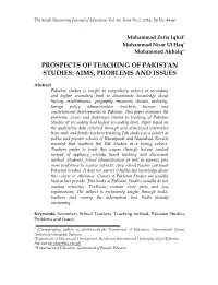 Prospects of Teaching of Pakistan Studies: Aims, Problems and Issues