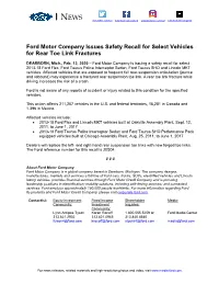 Ford Motor Company Issues Safety Recall for Select Vehicles for Rear Toe Link Fractures