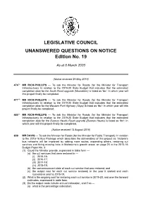 LEGISLATIVE COUNCIL UNANSWERED QUESTIONS on NOTICE Edition No