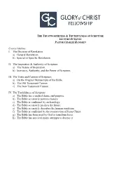 Course Outline I. the Doctrine of Revelation. A) General Revelation