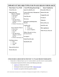 WALES REGION RESEARCH Must Know Very Well Good Working Knowledge Some Familiarity Census Records Apprenticeship Records Biographical Records