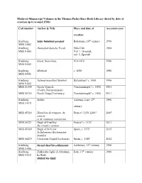 Medieval Manuscript Volumes in the Thomas Fisher Rare Book Library (Listed by Date of Creation up to Around 1500) Call Number Au