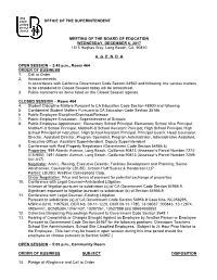 Office of the Superintendent Meeting of the Board Of