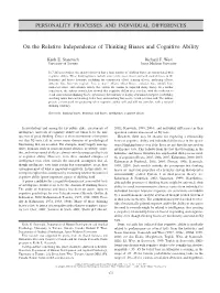 On the Relative Independence of Thinking Biases and Cognitive Ability