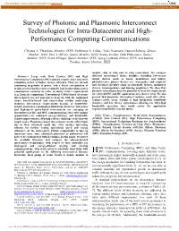 Survey of Photonic and Plasmonic Interconnect Technologies for Intra-Datacenter and High- Performance Computing Communications