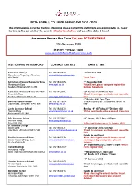 Sixth Form & College Open Days 2020