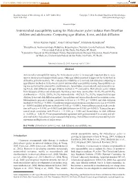 Antimicrobial Susceptibility Testing for Helicobacter Pylori Isolates from Brazilian Children and Adolescents: Comparing Agar Dilution, E-Test, and Disk Diffusion