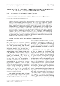 RELATIONSHIP of CONDITION INDEX and REPRODUCTIVE STATUS of BLACK SNAIL, Fannus Ater in MERCHANG LAGOON