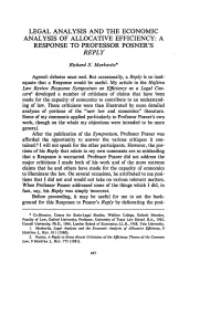 Legal Analysis and the Economic Analysis of Allocative Efficiency: a Response to Professor Posner's Reply