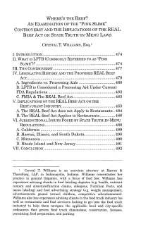 "Pink Slime" Controversy and the Implications of the Real Beef Act on State Truth-In-Menu Laws