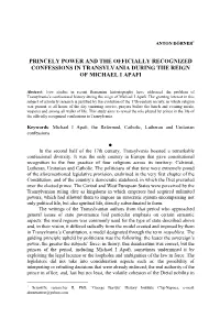 Princely Power and the Officially Recognized Confessions in Transylvania During the Reign of Michael I Apafi