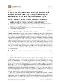 A Study on Microstructure, Residual Stresses and Stress Corrosion Cracking of Repair Welding on 304 Stainless Steel: Part I-Eﬀects of Heat Input