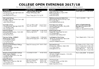 COLLEGE OPEN EVENINGS 2017/18 Dates Correct As of 15/09/17