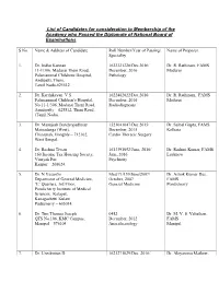 List of Candidates for Consideration to Membership of the Academy Who Passed the Diplomate of National Board of Examinations