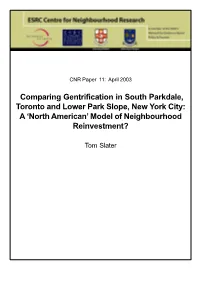 Comparing Gentrification in Parkdale, Toronto and Park Slope, NYC, 2003