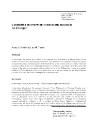 Conducting Interviews in Hermeneutic Research: an Example
