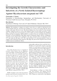 Investigating the Growth Characteristics and Infectivity of a Newly Isolated Bacteriophage Against Mycobacterium Smegmatis Mc2 155 Christopher J